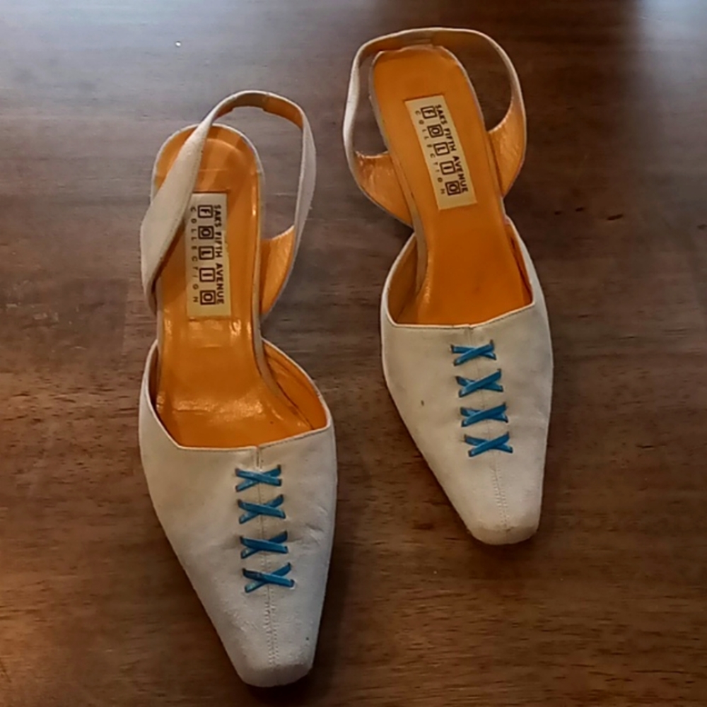 Saks Fifth Avenue brand light blue suede, with turquoise leather embellishment